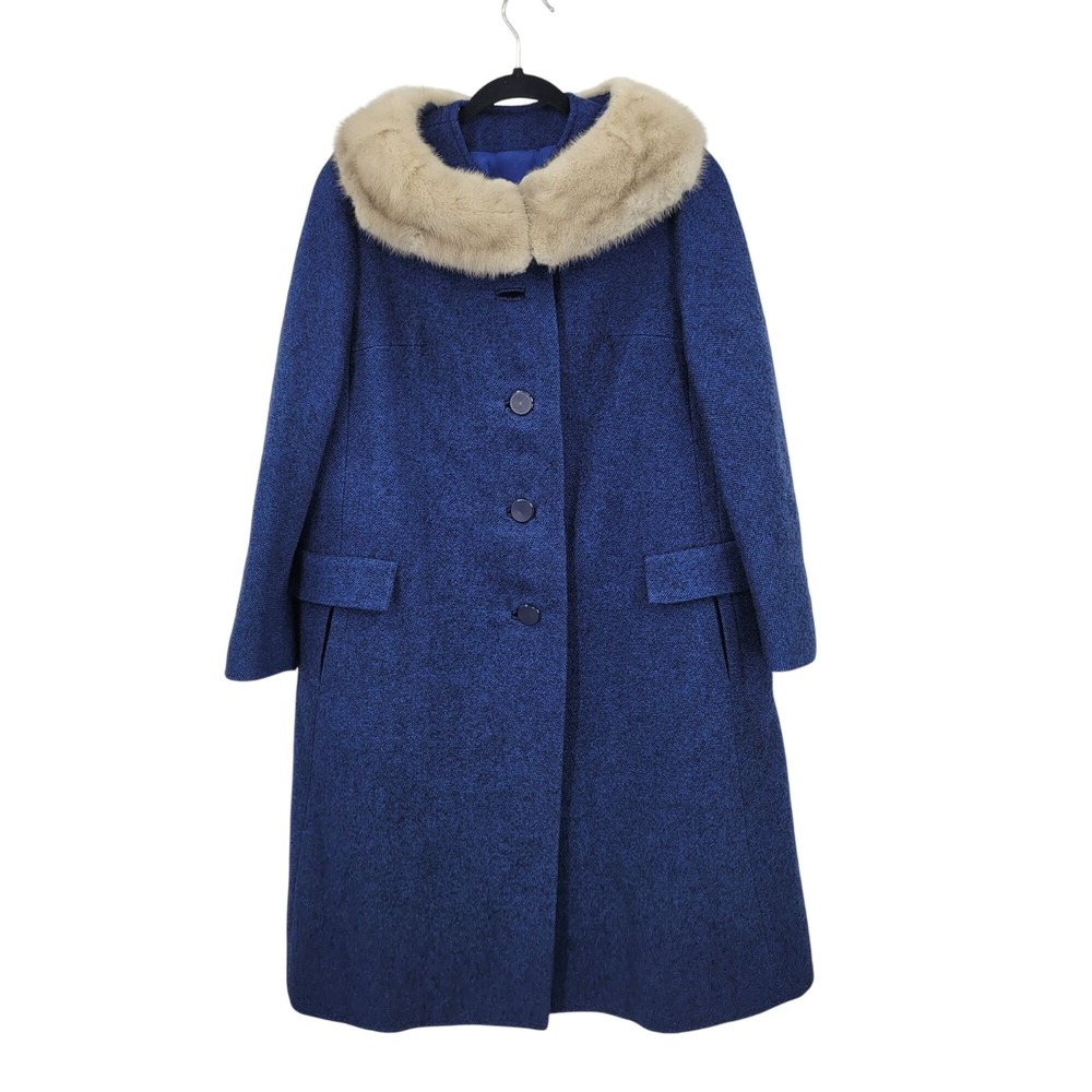 Vtg 50s 60s Blue Wool Coat‎ Sx M Faux Fur Collar Jackie O Old Money Evening Chic